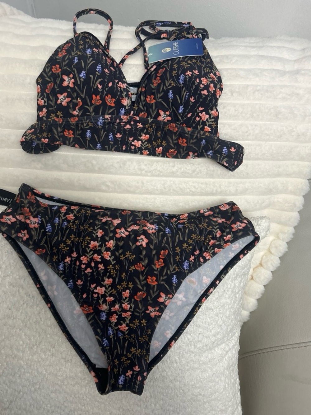 Cupshe Black Floral Bikini Set with Pink and Blue Blooms